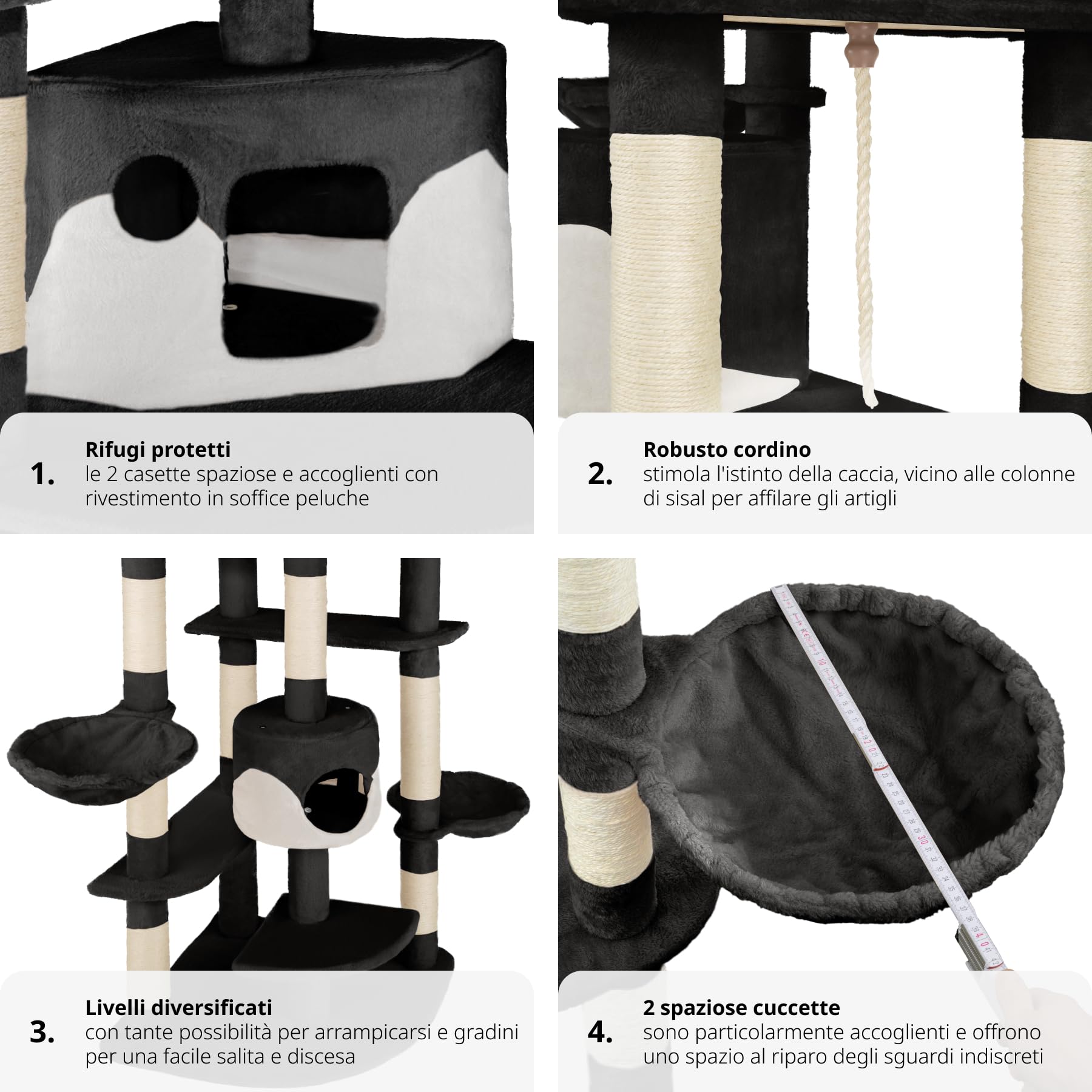 tectake® Tiragraffi per Gatti, Albero con 2 Casette, 4 Piattaforme, Tiragraffi con Amaca per Gatti, Albero per Gatti con Conche Orientabili e Cordicella per Gioco Gatti - Nero/Bianco
