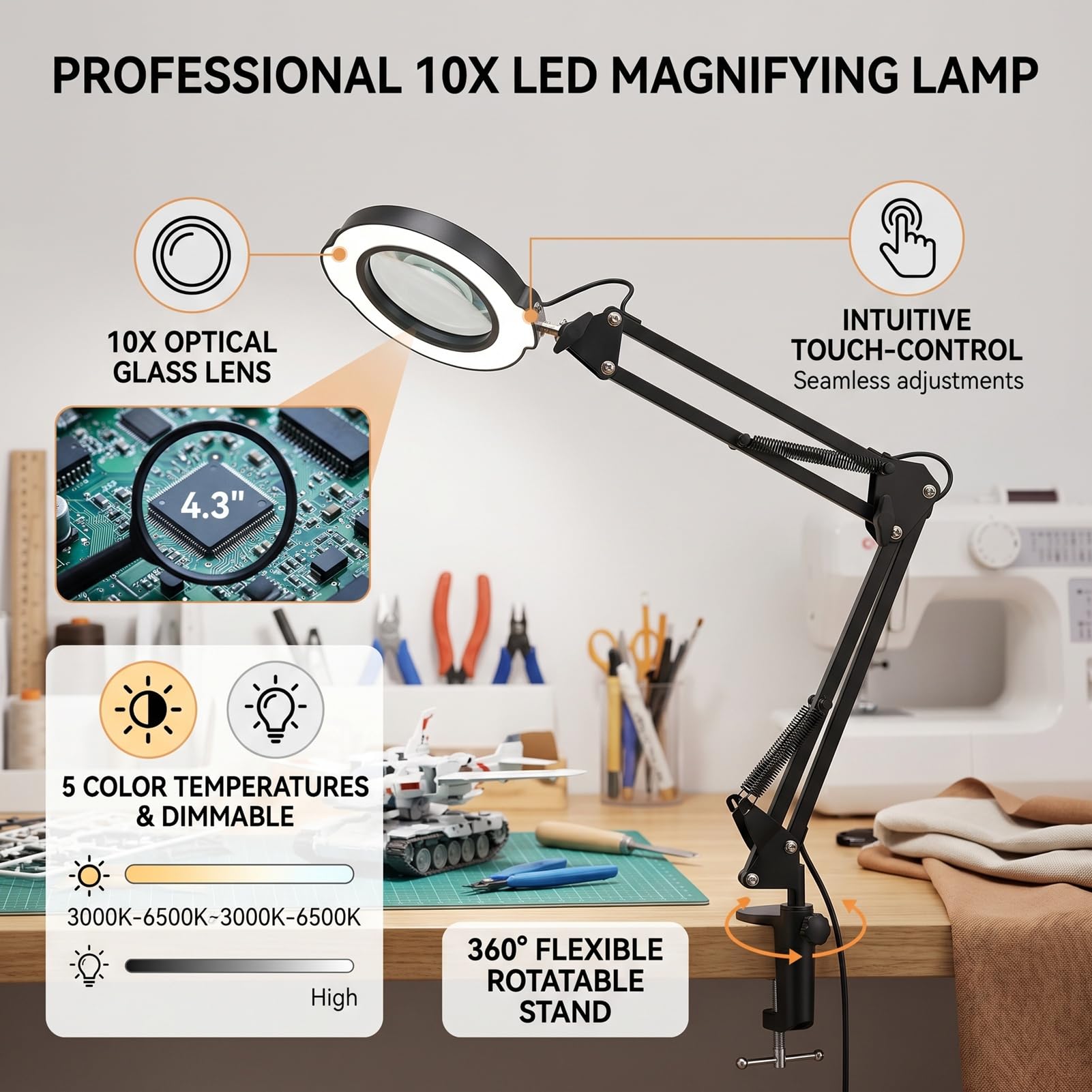 Generic Lupa 10X con Luz, 5 Temperaturas de Color, Lente de 4,3 Pulgadas, Lupa Giratoria de 360° para Lectura, Manualidades, Costura y Pasatiempos