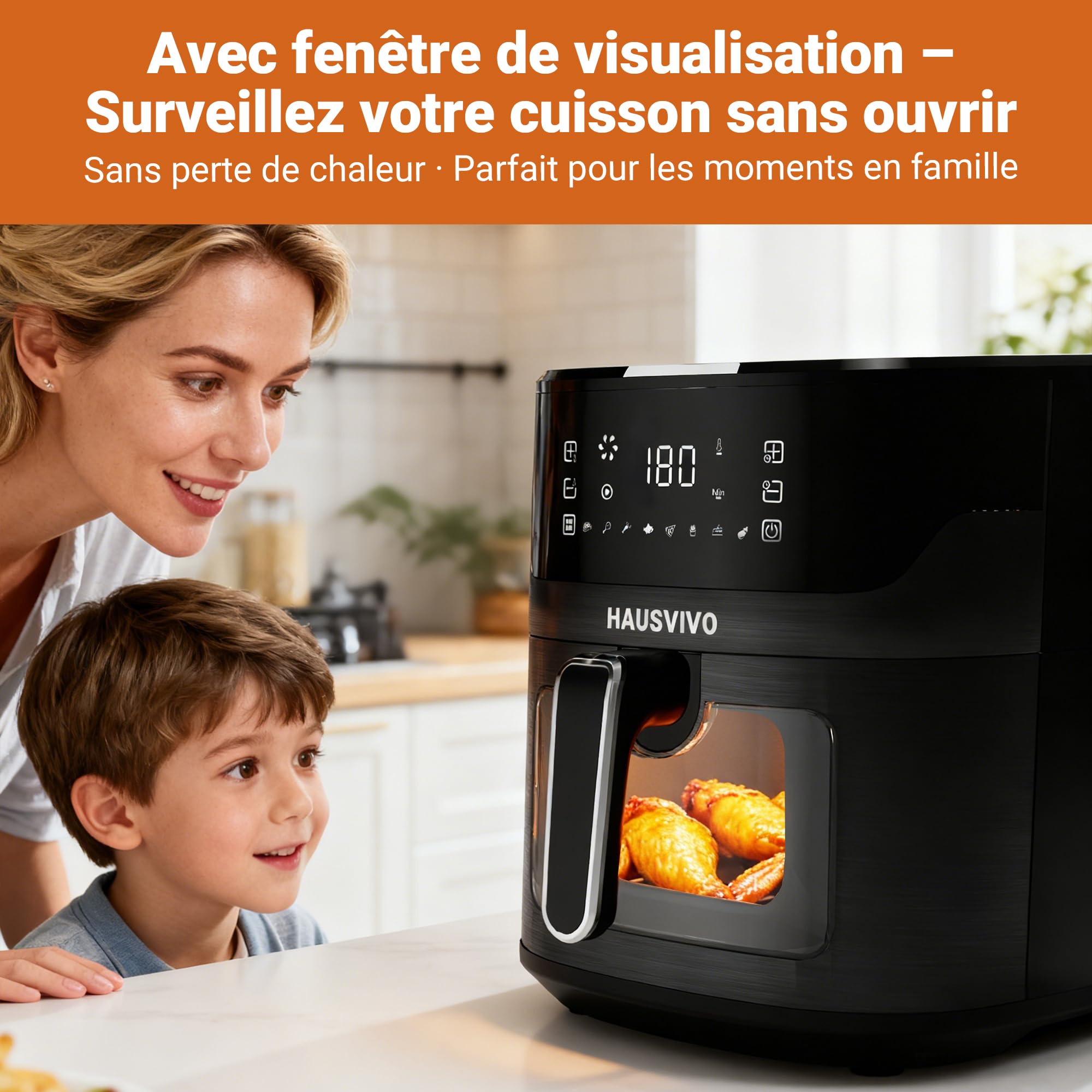 Friteuse à Air 6,5L | 1600W Airfryer Sans Huile avec Fenêtre Visible | 8 Programmes, Écran Tactile, Panier Antiadhésif, Compatible Lave-Vaisselle