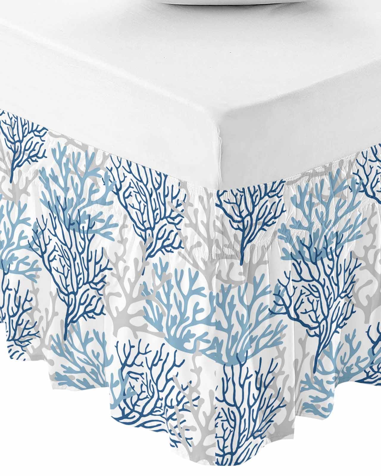 RisQiten Navy Blue Coastal Bed Skirt Queen Size 16 Inch Drop, Sea Nautical Coral Adjustable Elastic Bedskirt Dust Ruffle for Queen Bed, Summer Beach