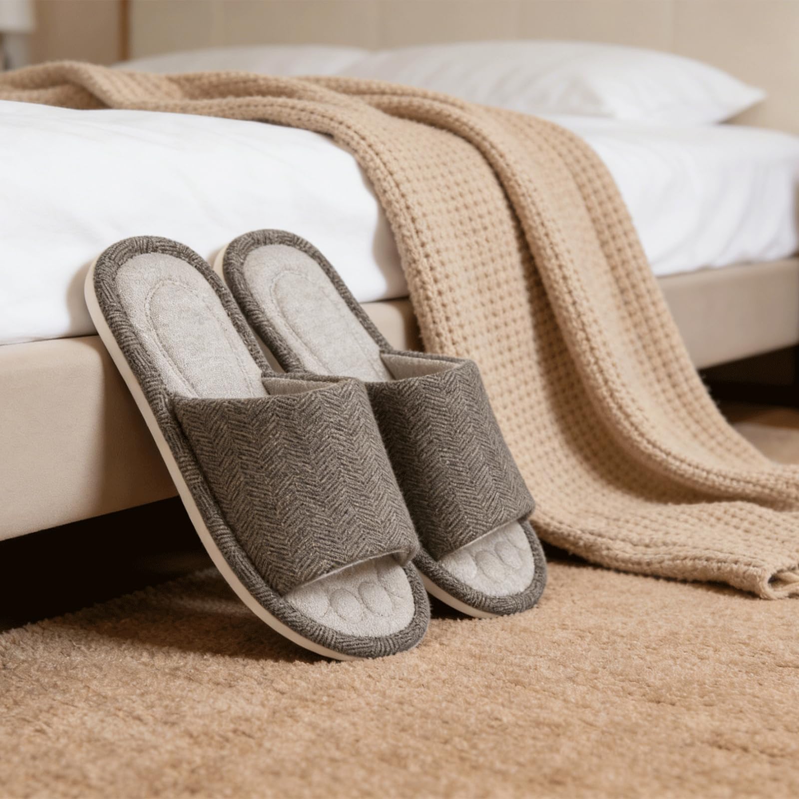Zapatillas Casa Mujer Hombre Cómoda Espuma de Memoria Transpirable Algodón Pantuflas Punta Abierta Antideslizante Slippers Verano — view 6