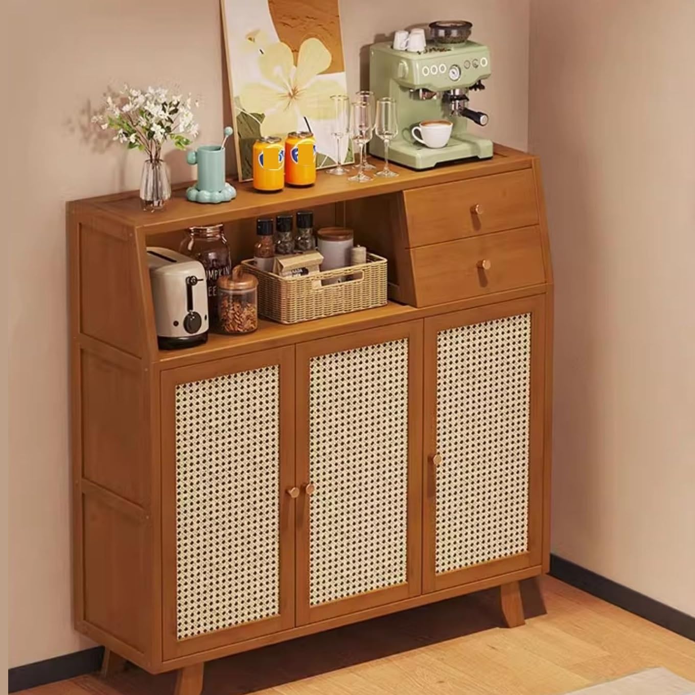 Mueble aparador Aparador de Cristal Estilo Retro for Cocina y salón. Unidad almacenaje integrada Cuatro Puertas, pie o for Colgar en la Pared Mesa de Centro Consola