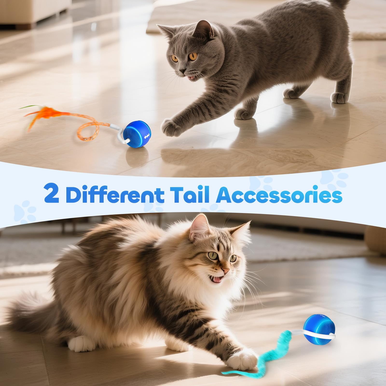 Automatisches interaktives Katzenspielzeug für Indoor-Katzen, sicher für Teppiche mit verhedderungsfreiem Schwanz, 3 Touch-Aktivierungsmodi, 800-mAh-Akku mit hoher Kapazität, 6 Stück