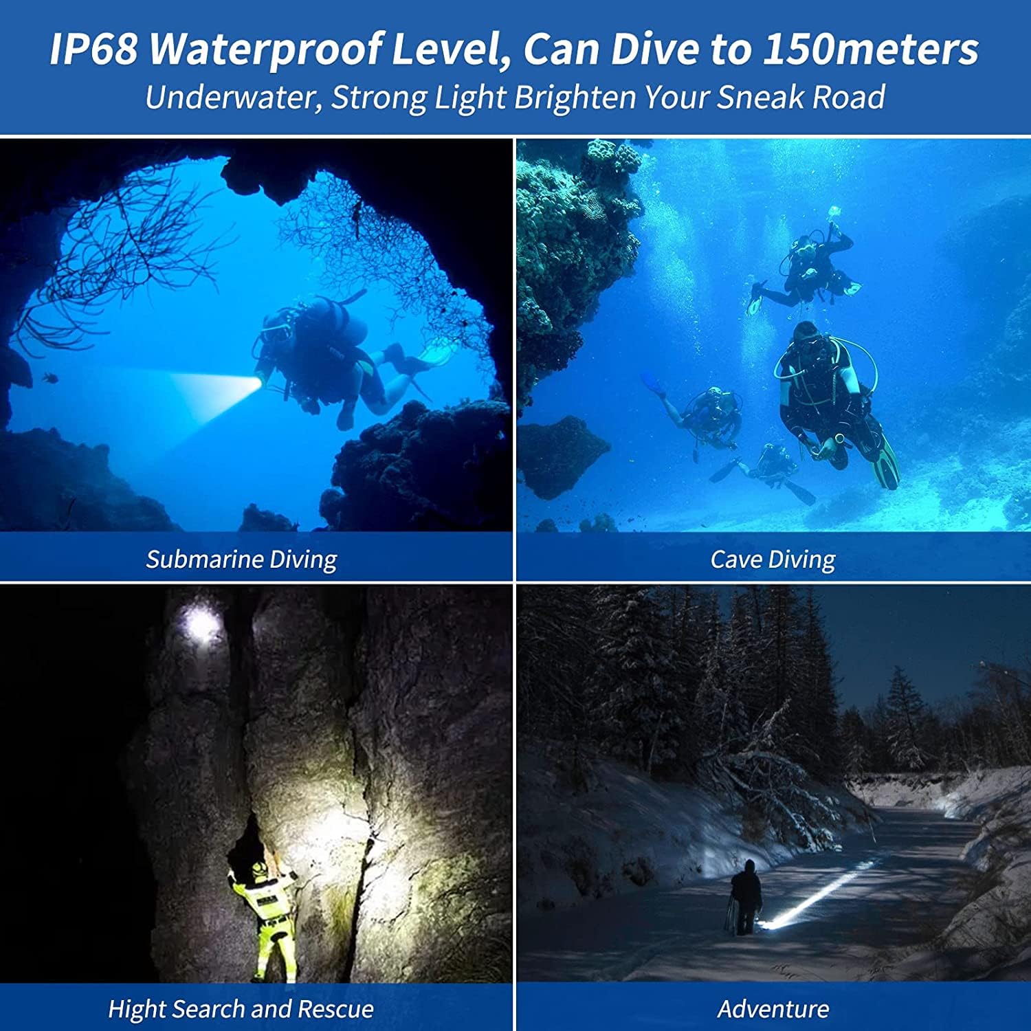 ORCATORCH Luz de buceo D511, máximo 2200 lúmenes, linterna subacuática con haz de 8 grados, interruptor giratorio impermeable IP68, antorcha de buceo nocturna