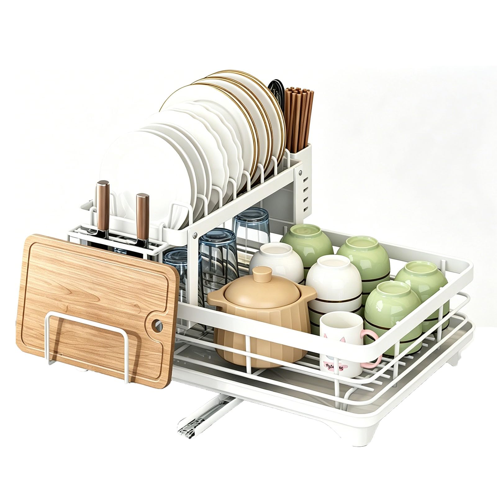 Tbatm White Dish Drying Rack For Kitchen Counter, With Drain Board And Adjustable Swivel Spout, Dish Drainer For Various Dinnerware To Keep Cooking Area Neat And Tidy,,2 Tier+Board Holder