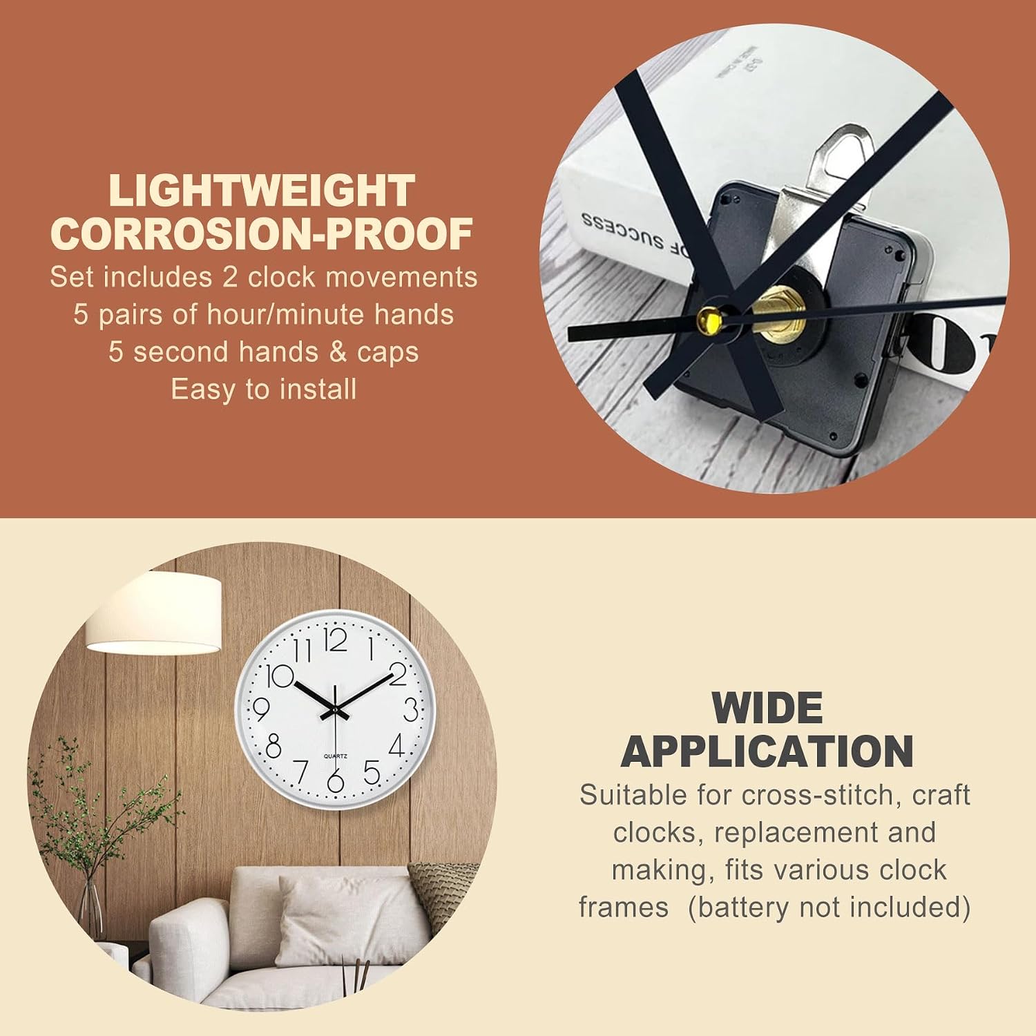 2 Pcs Quartz Clock Mechanism Kit with 5 Sets Hands Battery Operated Wall Clock Movement Motor Replacement DIY Repair Parts (No Battery)