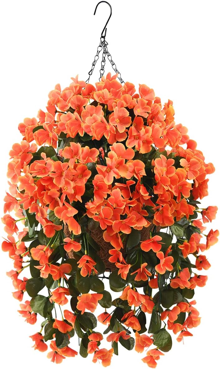 INQCMY Artificial Hanging Flowers in Basket for Fall Autumn Outdoor Decor,Faux Silk Orange Begonia in Planter UV Resistant Realistic for Home Outside Porch Garden Patio Yard Decor