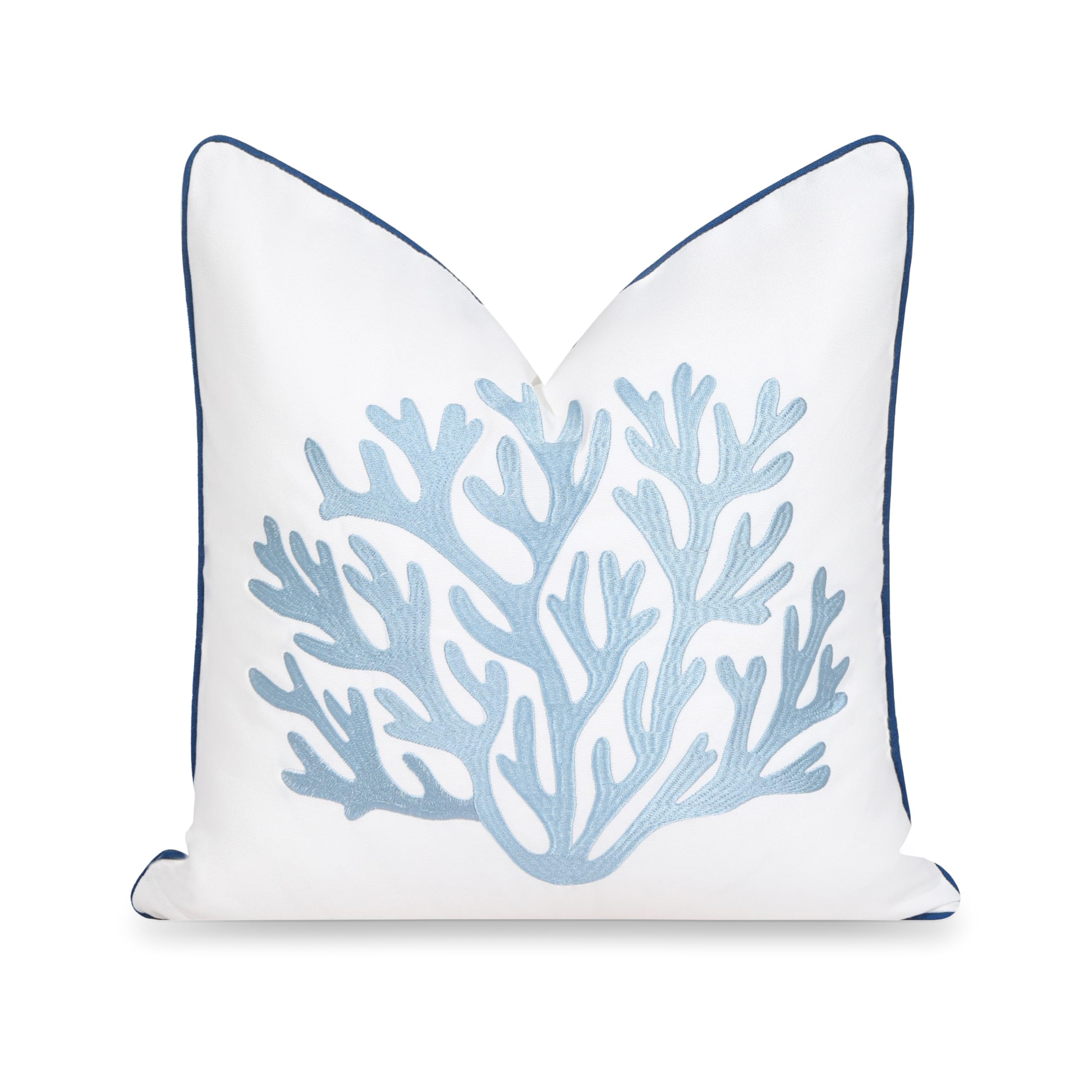 Hofdeco Premium Coastal Patio Indoor Outdoor Throw Pillow Cover Only, 20"x20" Water Repellent for Backyard, Couch, Navy Baby Blue Embroidered Sea Life