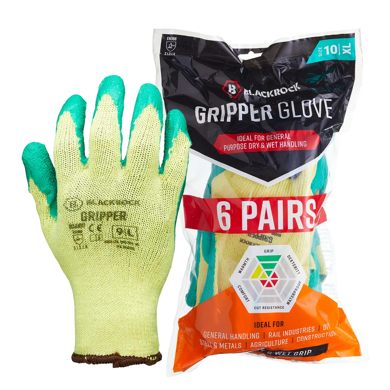 Blackrock Yellow/Blue Ppe Latex Gripper Gloves (Size 10) 6 Pairs