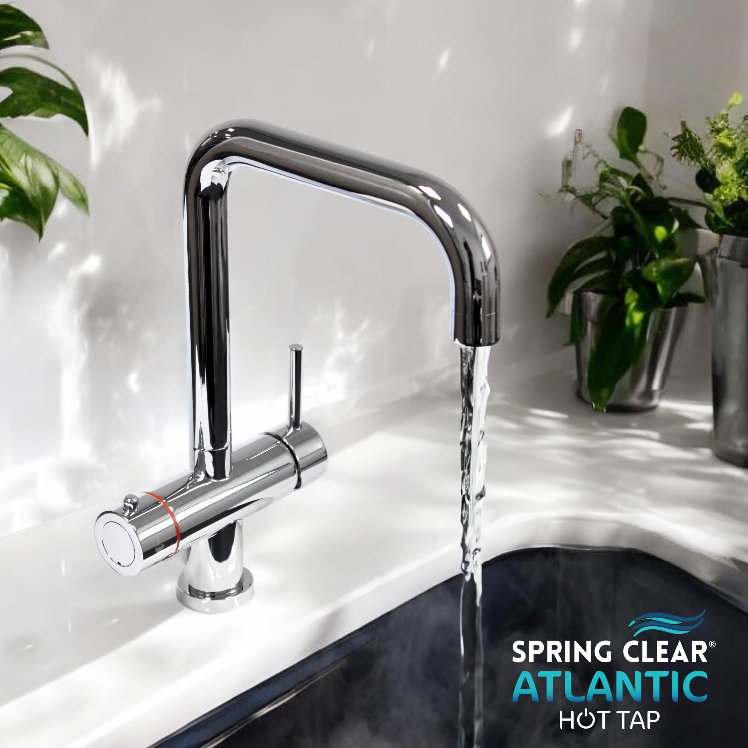 Spring Clear Atlantic 3-in-1 Instant Boiling Water Hot Tap Kit | Chrom D Shaped Kitchen Sink Tap, 2.4L Digital Display Boiler Unit and Scale Filter