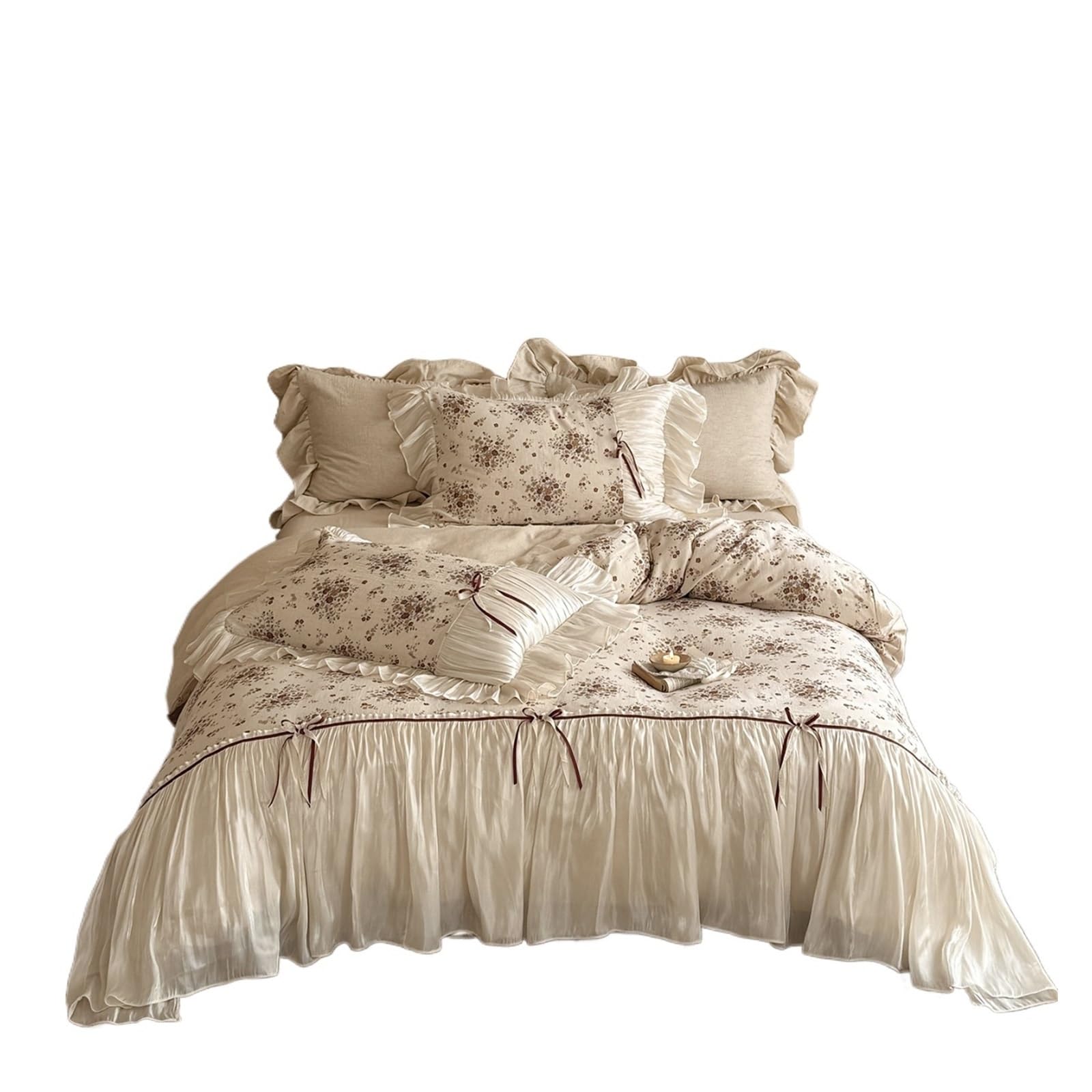 GCYEIDMA Ruffle Duvet Cover Cotton Linen 4Pcs Bedding Set Vintage Rose Flower Print Lace Ruffle Bow Duvet Cover Flat Sheet Pillowcases(FLAT BED SHEET_KING 220X240CM 4PCS)