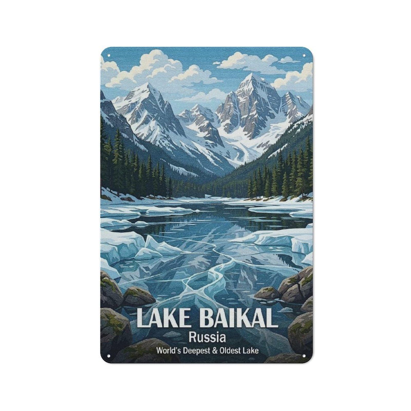 Junmoney Style-2 Retro-Style Tin Sign 30X20cm Featuring Lake Baikal, Russia Winter Landscape For Hallway Wall, For Garage, Workshop And Man Cave Decoration