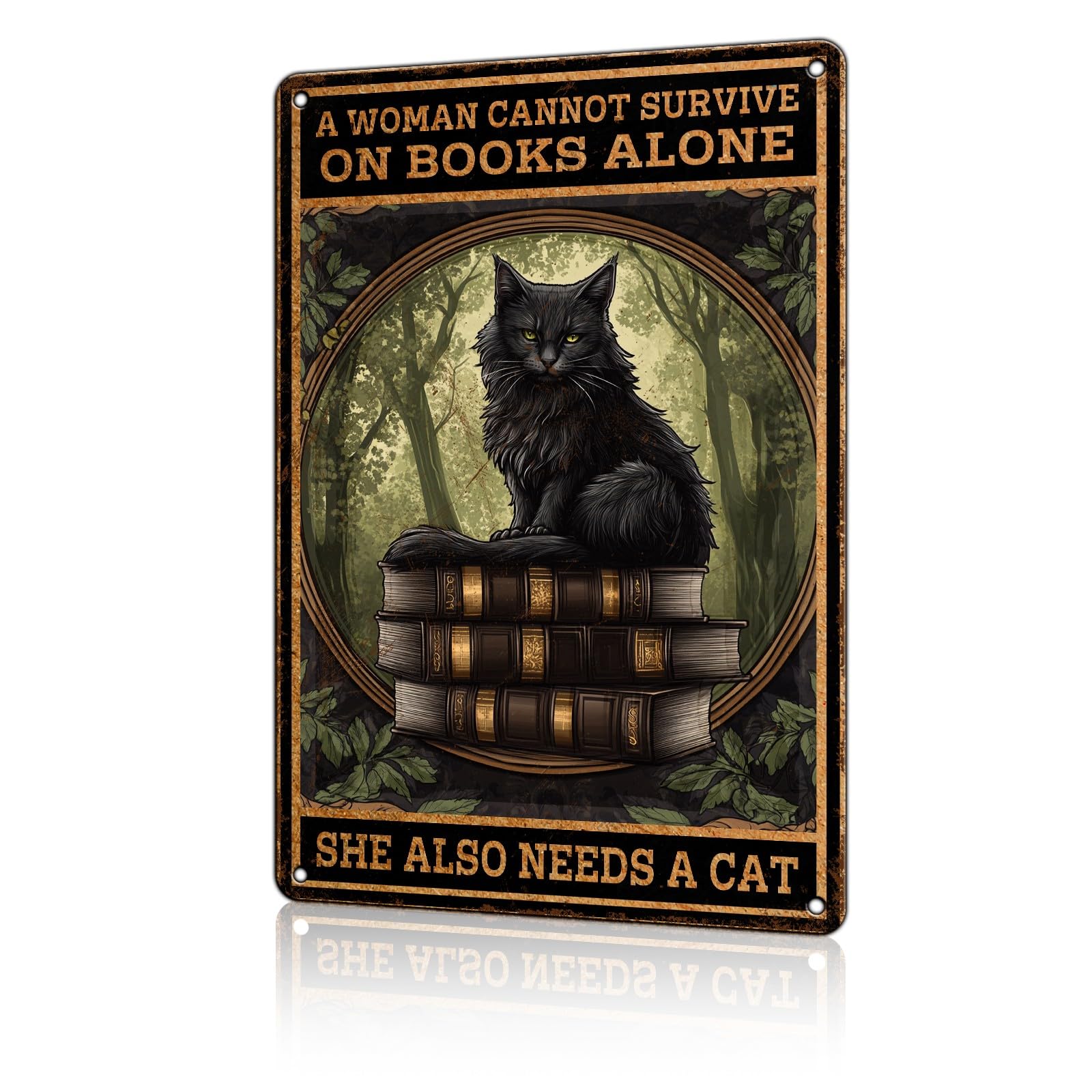 Anceky Funny Garden Decor A Woman Cannot Survive On Books Alone She Also Needs A Cat Vintage Metal Signs Garden Tin Sign for Home Outdoor Wall Decor 12×16 Inch