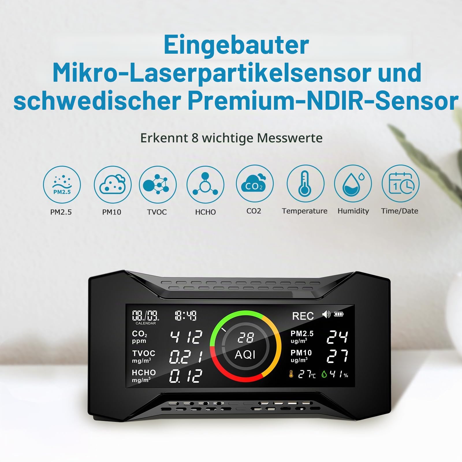 CF-20 DL Luftqualitätsmonitor Innen mit Datenbericht für CO2 TVOC PM2.5 PM10 AQI HCHO Temperatur Luftfeuchtigkeit, Luftverschmutzungsmonitor mit Audio-Alarm, CO2-Monitor für Zuhause
