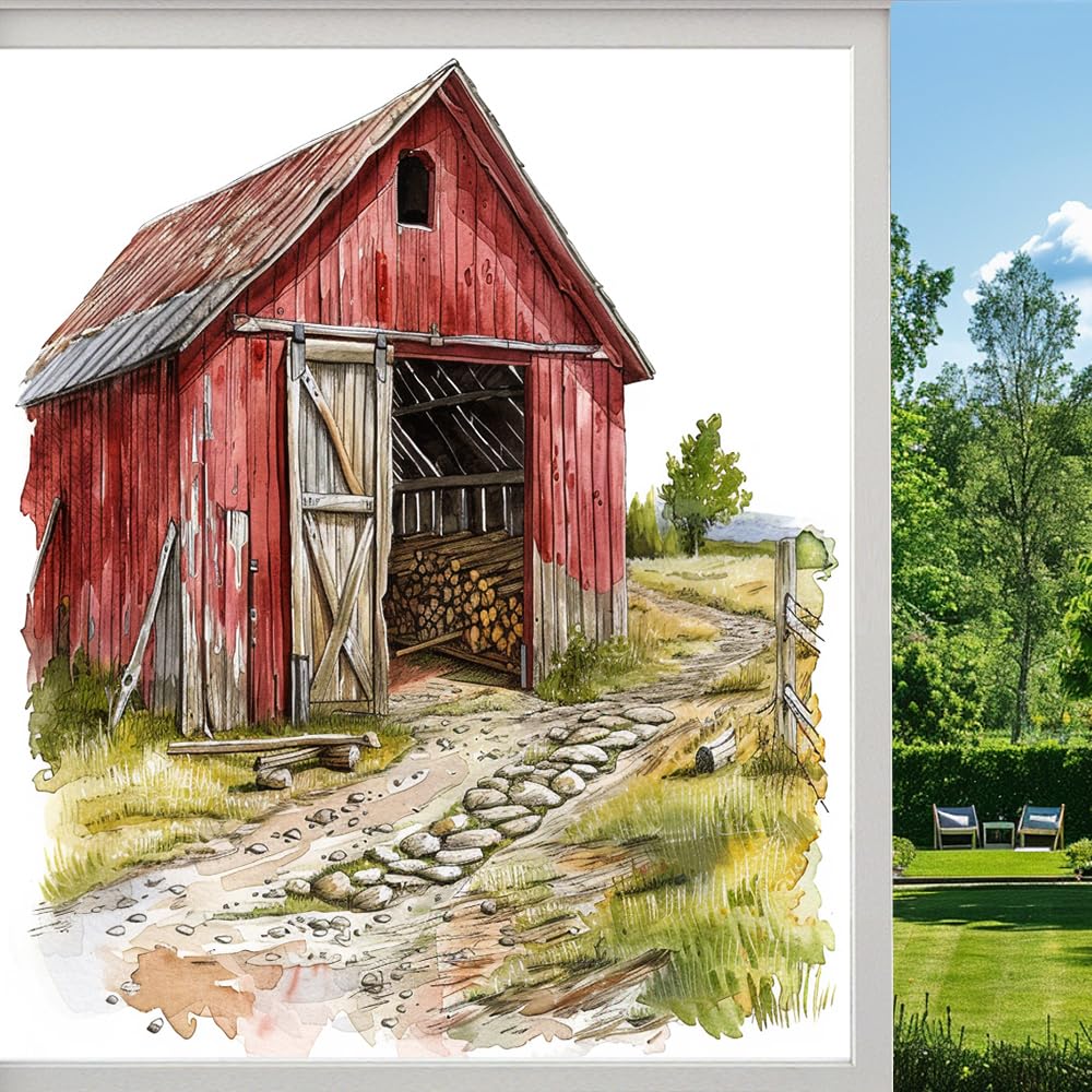 Watercolor Barn Privacy Window Film, Rural Farmhouse Farm Landscape Frosted Self-Adhesive Vinyl Cling for Glass Doors Bathroom Windows Sun Blocking Heat Control, （55x100cm）