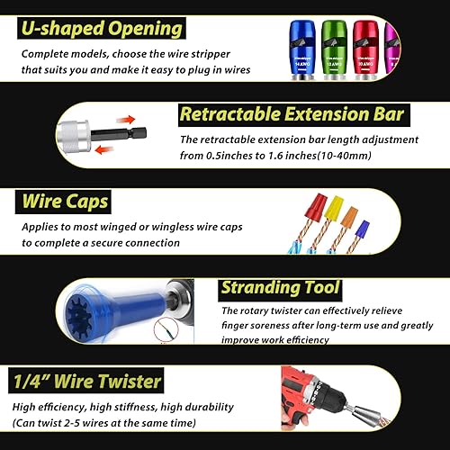 Miniatura 7 de Herramienta pelacables, calibre 6-14 AWG y herramienta de pelado para taladro, alicates de alambre ajustables automáticos 8 en 1, accesorio de