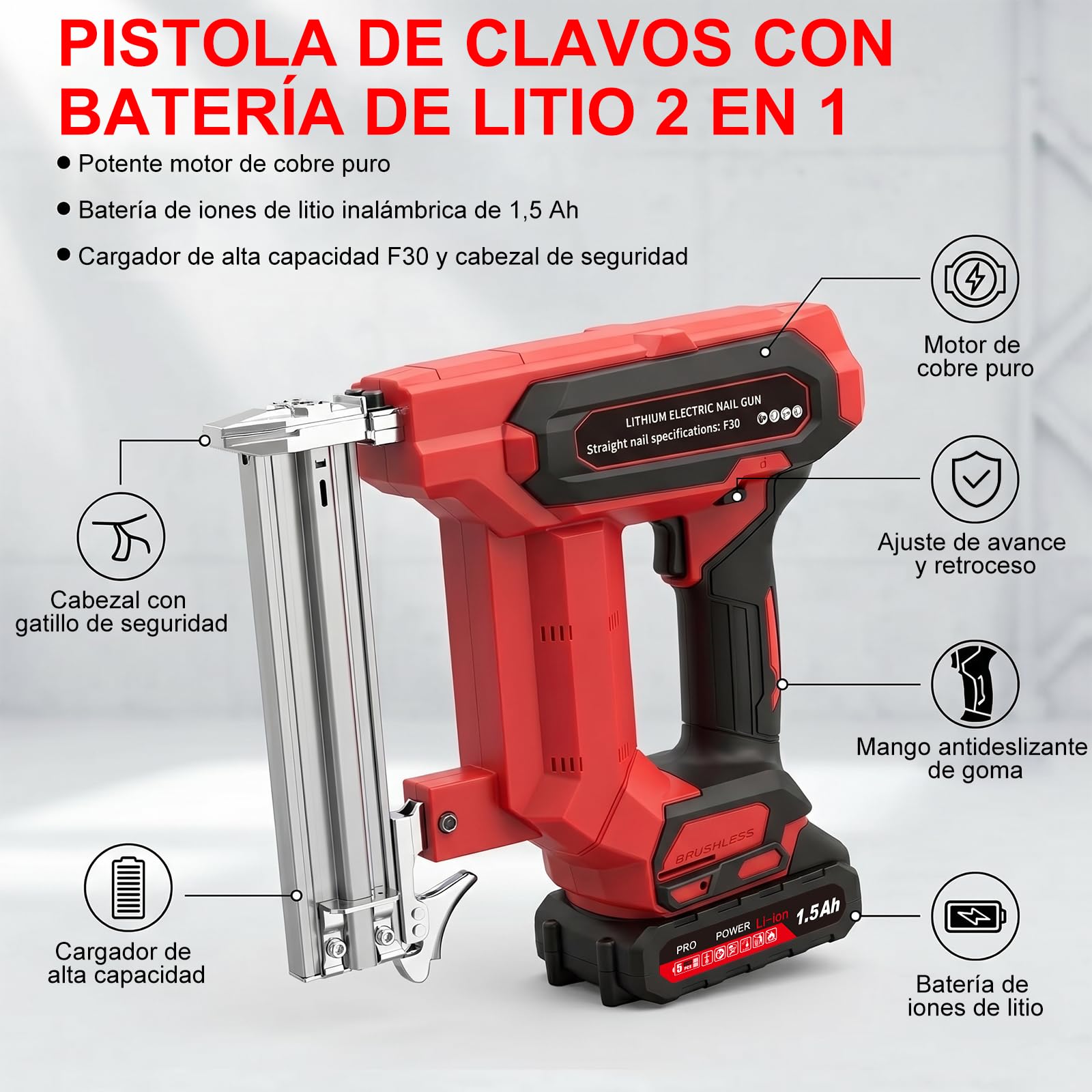 Clavadora Electrica de Clavos, 2 en 1 Pistola de Clavos Inalámbrica 21V, con 2 x Baterías 1.5Ah y 1000Pcs de Grapas, Profundidad de Clavado Ajustable, para Tapicero de Madera, Tapizar