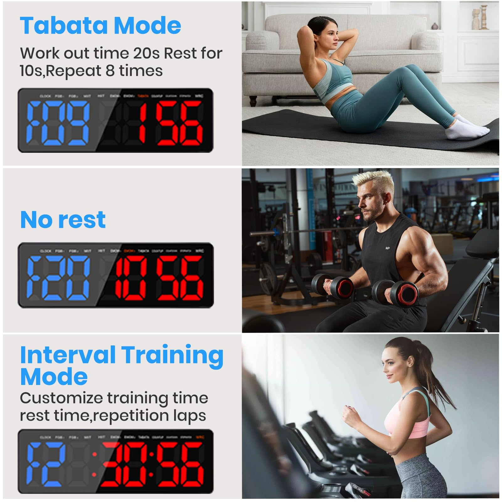 Temporizador de Gimnasio, 16.5" Grande Reloj de Pared Digital Temporizador de Intervalo LED con Countdown & Up Cronómetro, Brillo & Volumen Ajustable, Gym Timer con Control Remoto para Casa