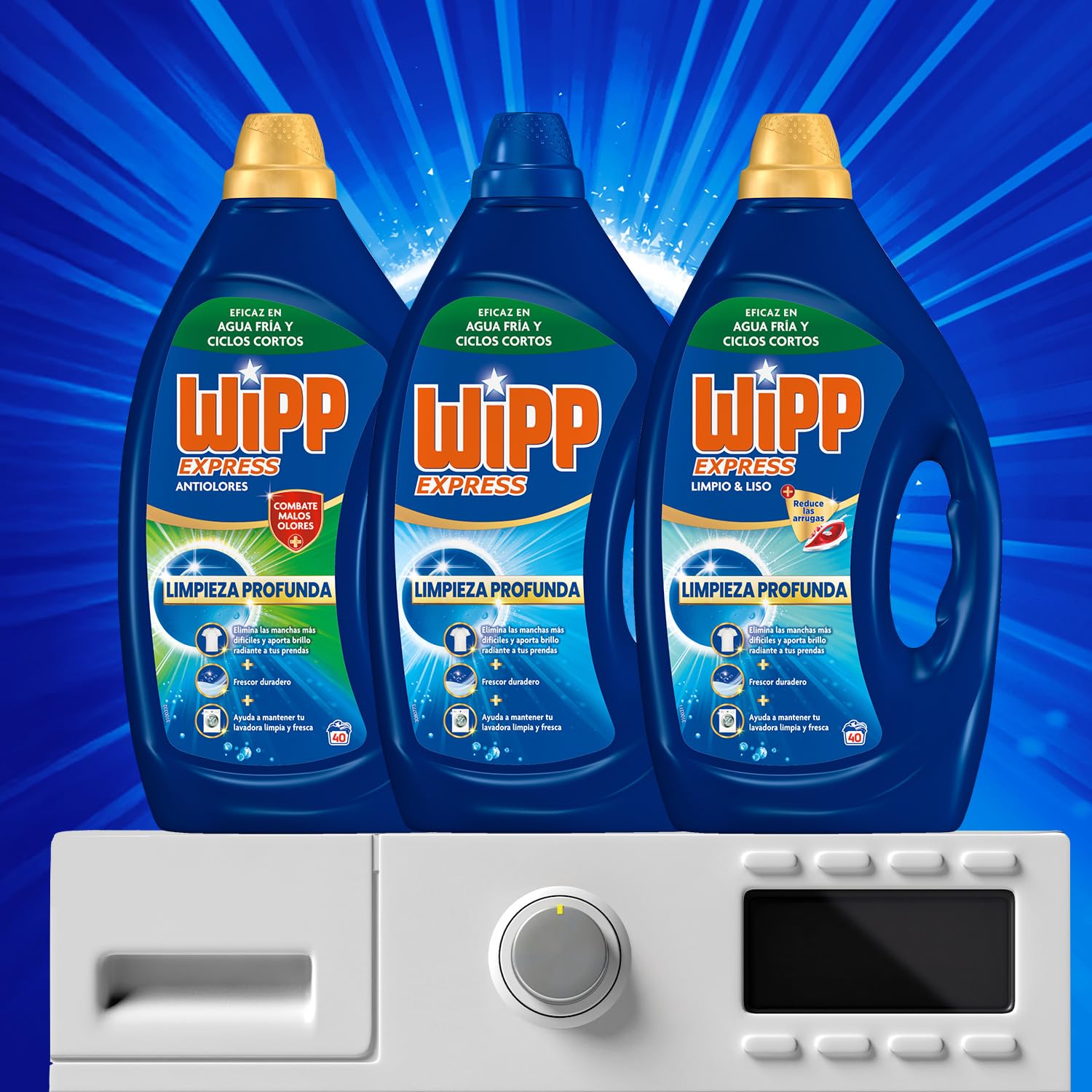 Wipp Express Limpieza Profunda Higiene & Antiolores (40X4) detergente lavadora líquido que combate malos olores, detergente quitamanchas ropa apto para agua fría