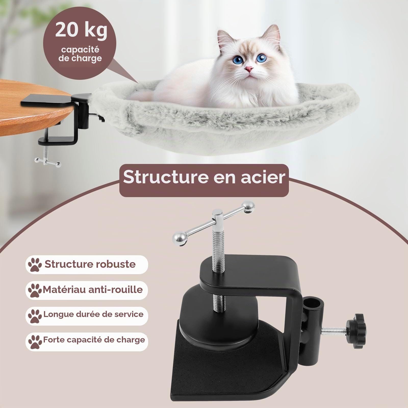 Hamac en peluche pour chat - Forte capacité de charge confortable - Lit de bureau pour chat - Support stable - Peu encombrant - Hamac de fenêtre - Lit suspendu pour chat jusqu'à 18 kg (gris)