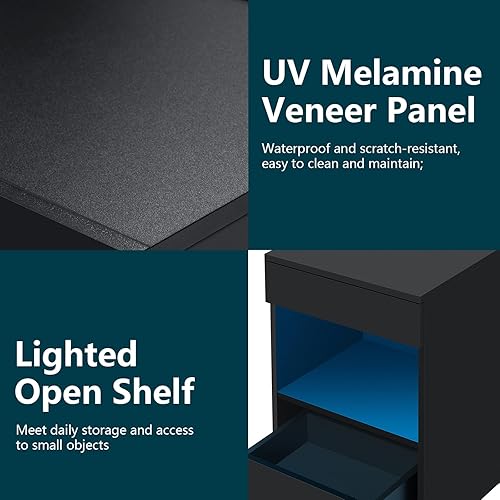 Miniatura 7 de HOMMPA Juego de 2 mesitas de noche LED con estante abierto con estación de carga, 2 cajones, mesita de noche negra con almacenamiento, mesitas de