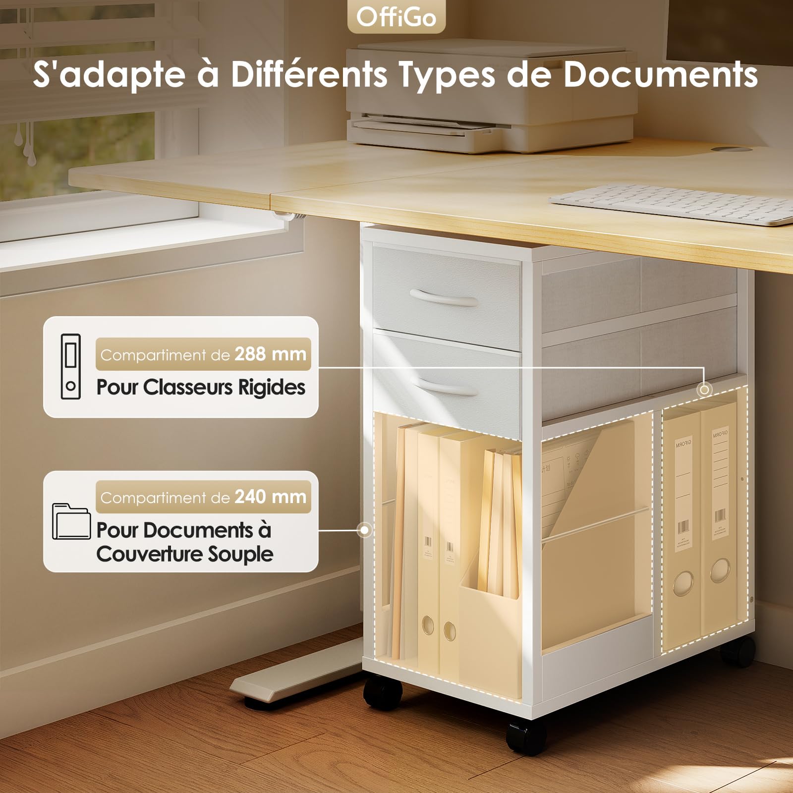 OffiGo Caisson Bureau avec roulettes, Meuble Bureau 2 Tiroirs, Blanc