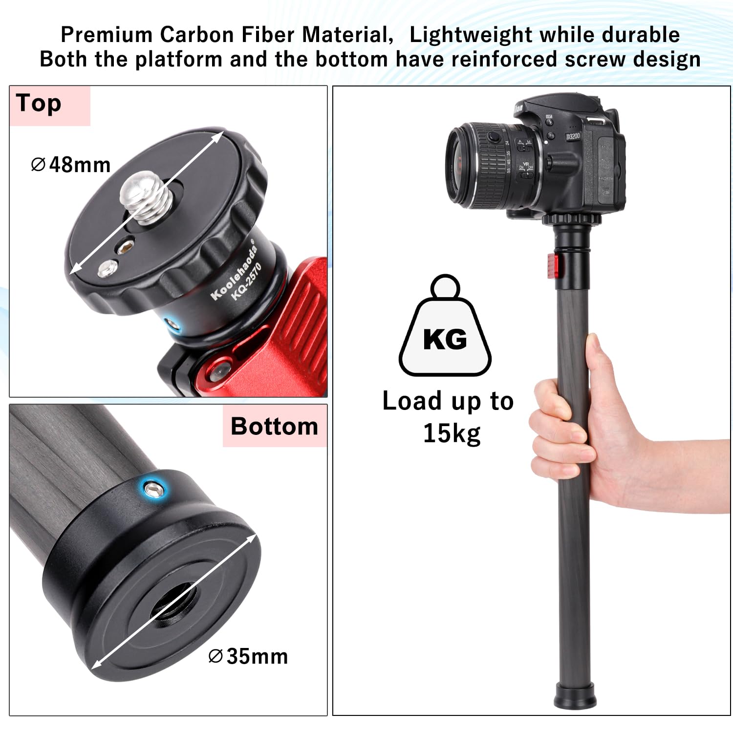 Koolehaoda Tube d'extension 70cm Rallonge de Trépied Télescopique en Fibre de Carbone avec vis de 1/4" à 3/8" pour Appareils Photo, Trépieds, Monopodes, Charge maximale de 15 kg