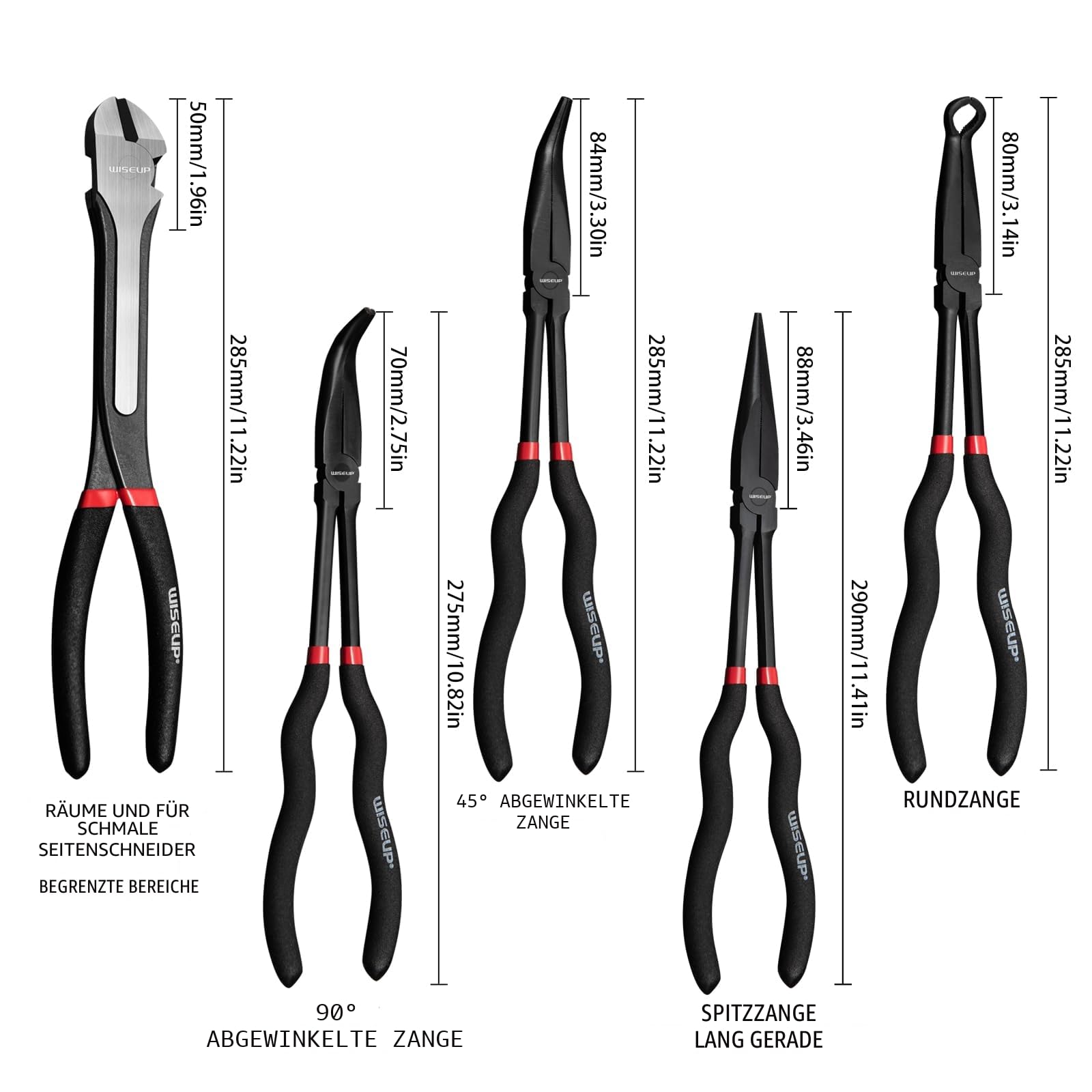 WISEUP 5-teiliges Spitzzangen-Set, Premium-Karbonstahl, 11" lange Reichweite, gerade, 45° gebogene Nase, 90° gebogene Spitzzange, Seitenschneider für enge Räume