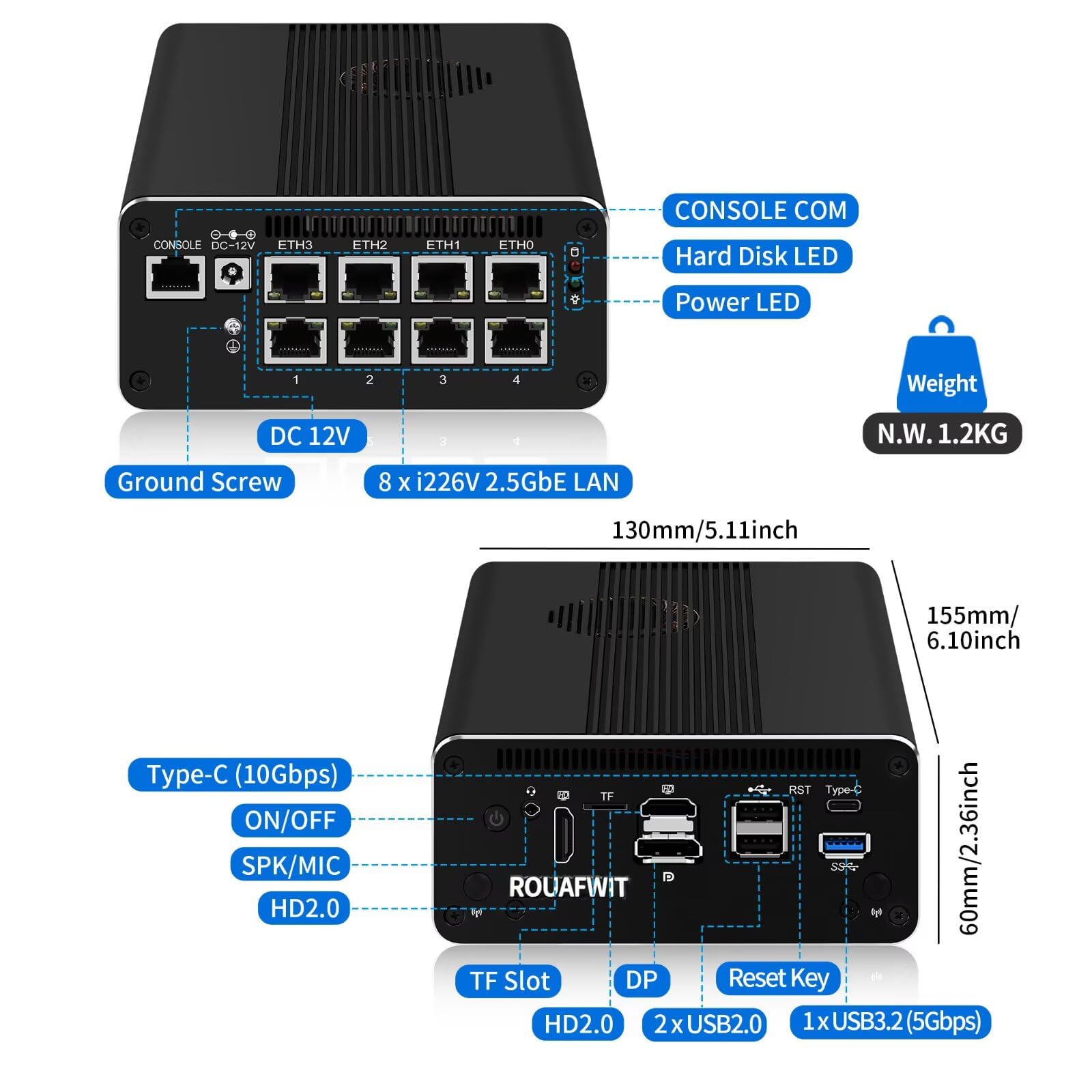 Micro Firewall Mini PC i5 1240P, DDR5 16GB RAM 256GB SSD Router Appliance Computer, 8 x 2.5Gbe i226-V LAN, Console COM, Type-C, TF