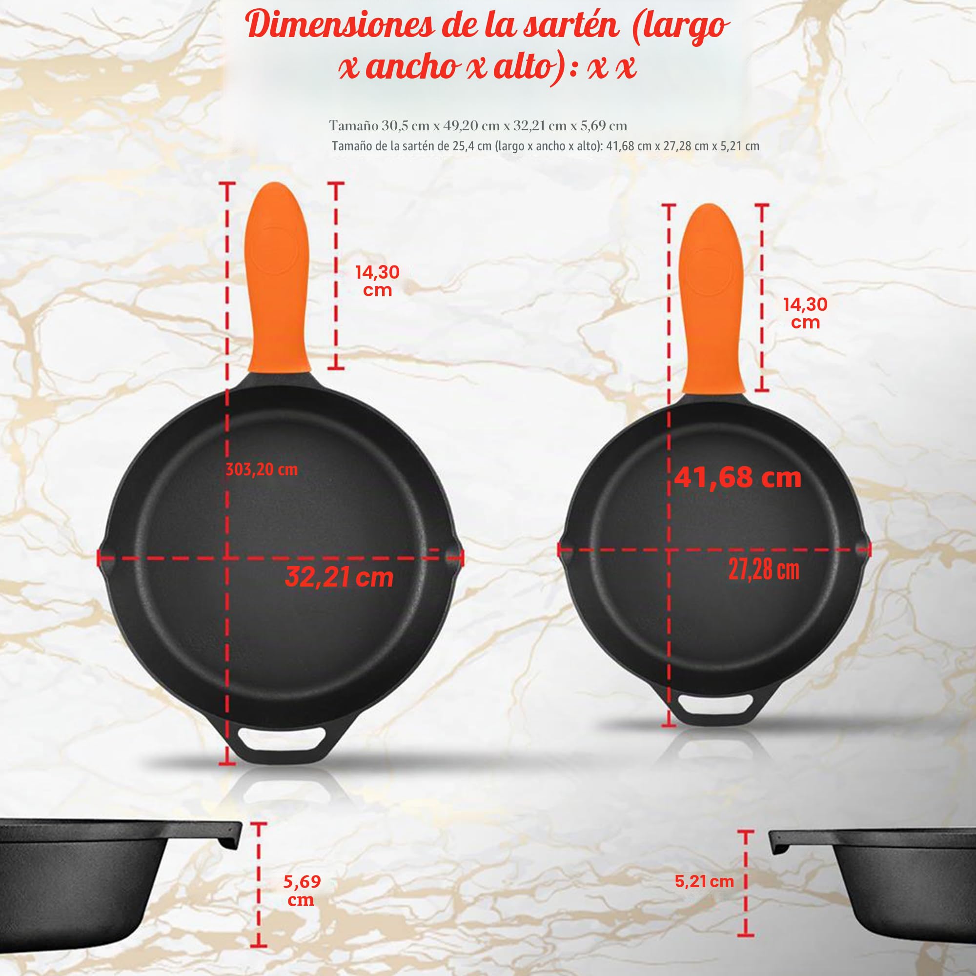 NutriChef Sartenes de Hierro Fundido de 25,4 cm y 30,5 cm- Duraderas, Antiadherentes, Mangos de Silicona, para Horno, Parrilla y Todas Las Placas