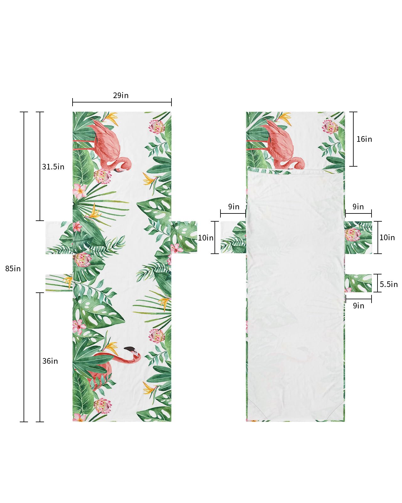 Tropical, Beach Lounge Chair Towel Cover, Soft Chaise Lounge Towel with Side Pockets Patio Pool Chairs Cover for Beach/Pool Sunbathing 29x85 Summer Flamingos Palm Tree Leaves Green Plants