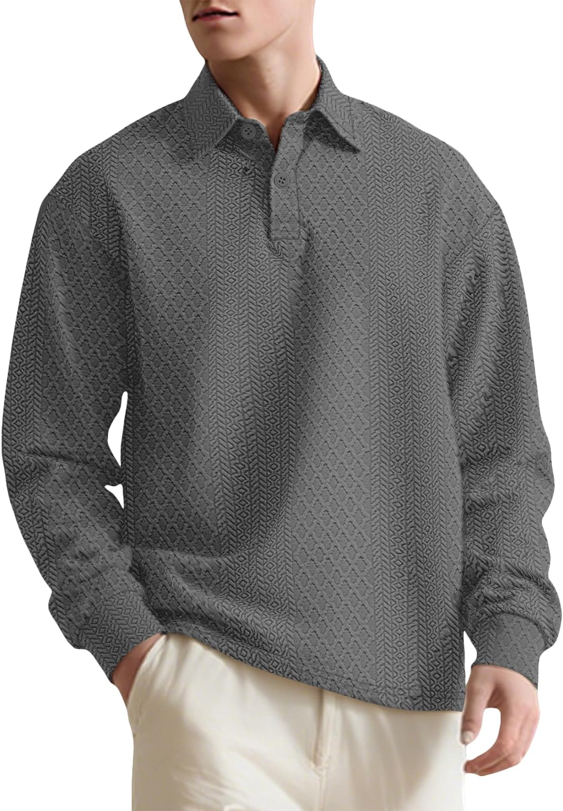 - Spring Fall Polo Pullover Sweatshirt for Men Fashion Jacquard Button Shirts Relaxed Fit Daily Long Sleeve Tops