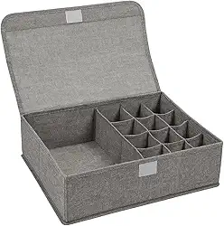 Organizador de Gaveta Dobrável com Divisórias em Tecido de Linho Cinza – Ideal para Meias, Sutiãs, Roupas Íntimas e Camisetas – Caixa Organizadora com Tampa e 13 Compartimentos