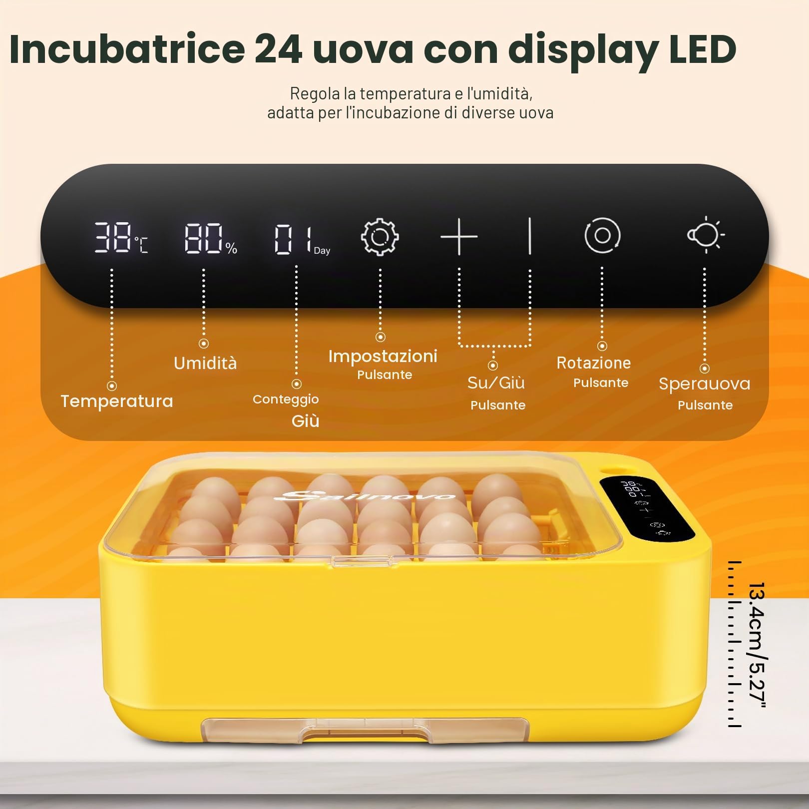 Sailnovo - 24 incubatrici per polli, altri uccelli + 20 uova + incubatrice completamente automatica + controllo della temperatura + indicatore di umidità + aggiunta di acqua esterna - giallo