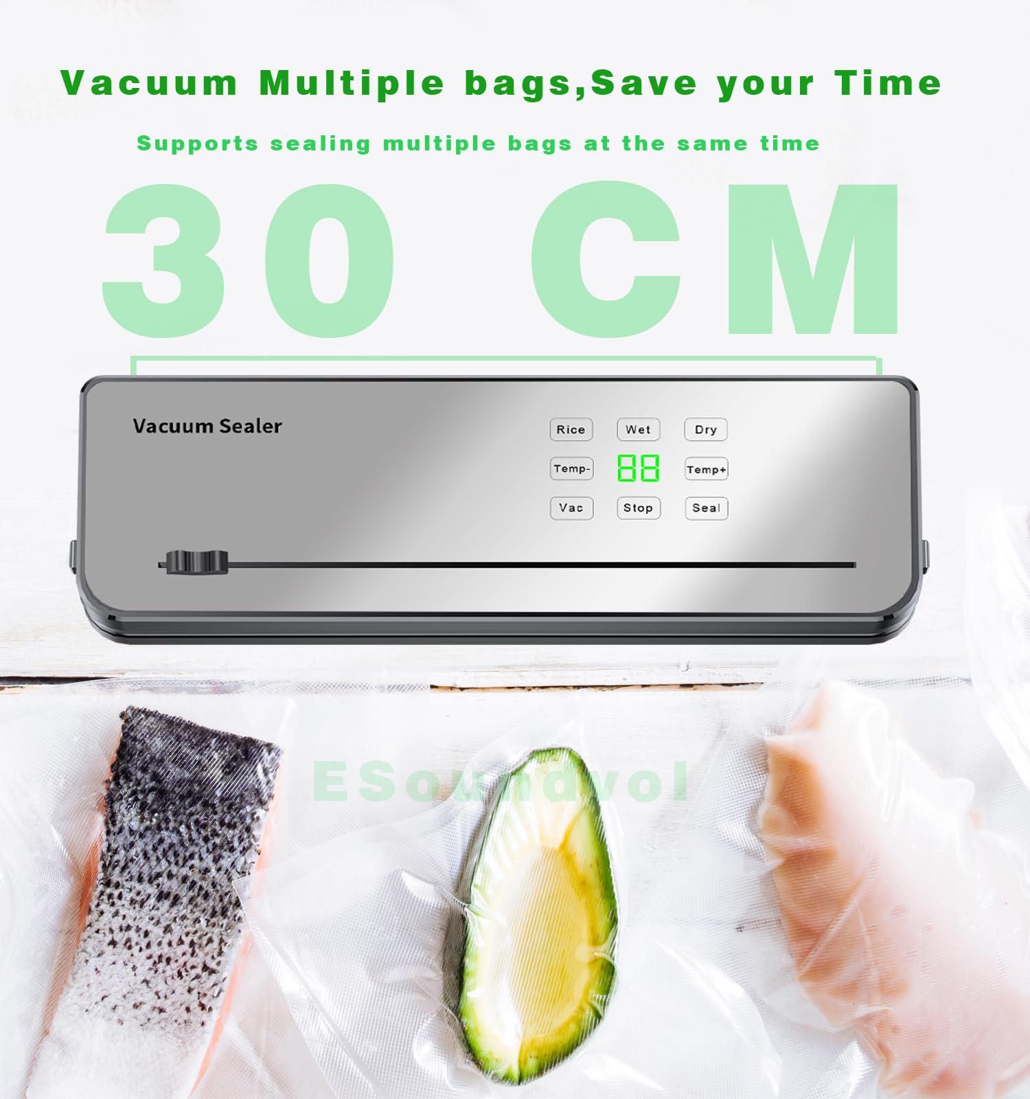Macchina per sottovuoto professionale, 80 kPa, potente macchina sottovuoto con indicatore LED e promemoria vocale, 8 in 1 per alimenti (secco/umido/sous vide