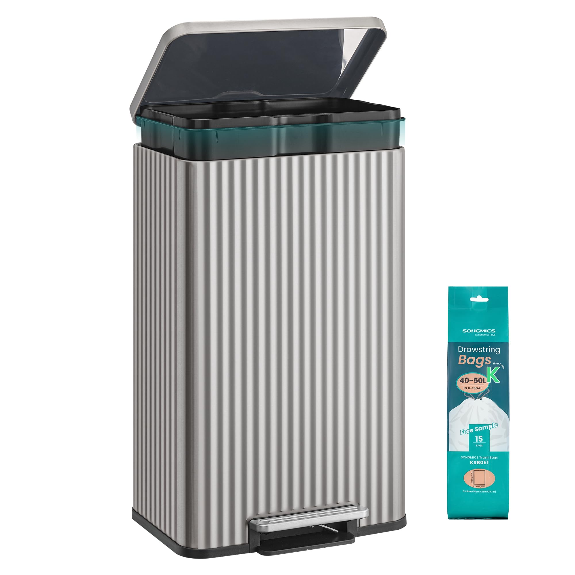 SONGMICS Kitchen Bin, 13 Gallon (50 L) Waste Bin with Pedal, Soft-Close Lid, and Removable Inner Bucket, Stainless Steel, 15 Rubbish Bags (Code K) Included, Metallic Silver LTB586EZ01 โ image 1