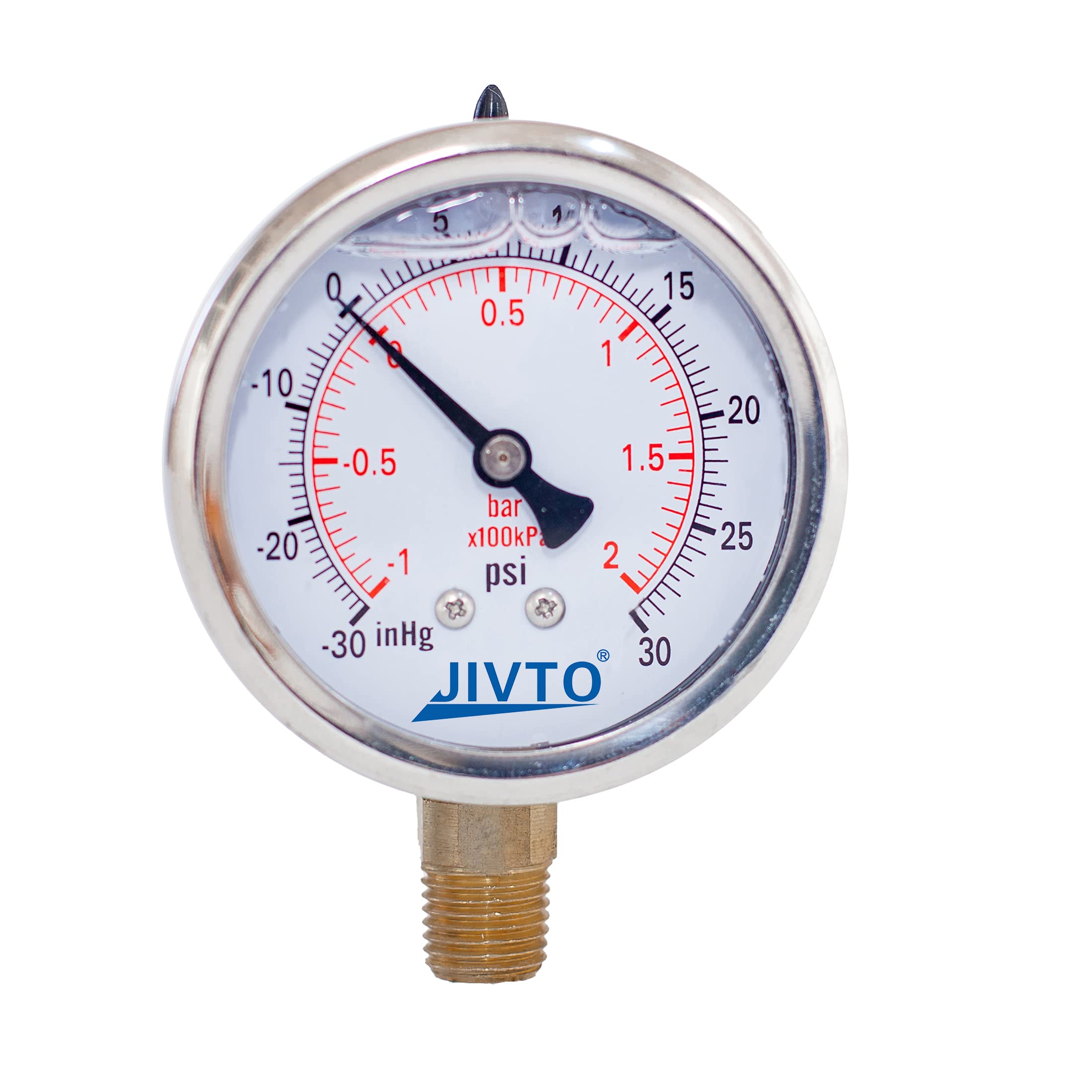 Pressure Gauge,Liquid Filled,2" Dia,-30 Hg-30 psi/bar/kpa,1/4" NPT Male Brass Connection,Lower Mount, Polycarbonate Lens Window, Stainless Steel case