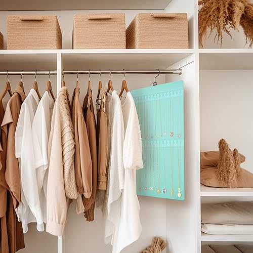 Miniatura 2 de Organizador de joyas colgante de doble cara con colgador, azul, soporte de joyería de gran capacidad para aretes, collares en armario, pared,