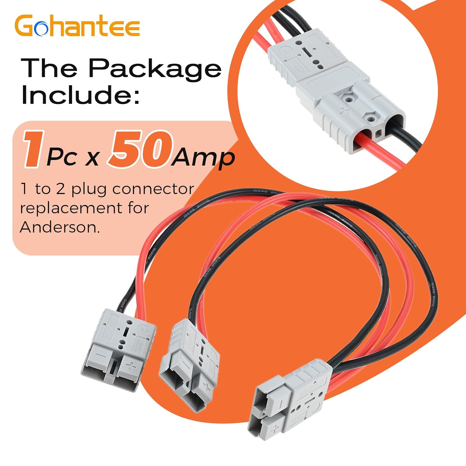 gohantee Battery Quick Splitter Connector Cable, 1 to 2 Plug Connector Replacement for Anderson 50Amp 1.64 Ft, Quick Connect Compatible with Jumper Cables Compatible with Trailer Truck Forklift Truck