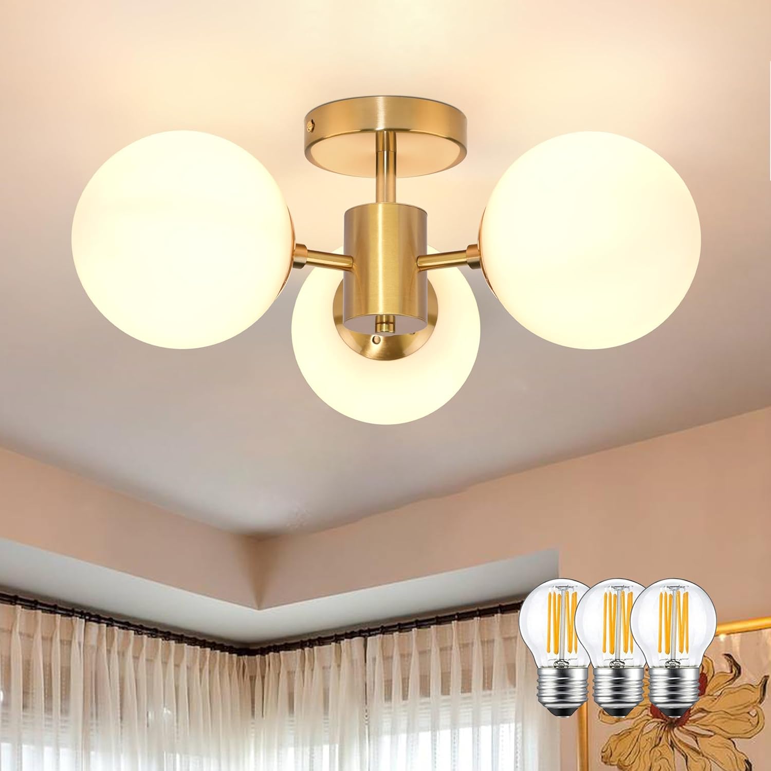 Mid Century Modern Brass Semi Flush Mount Ceiling Light 3 Light Frosted Globe Glass Gold Chandelier Modern Light Fixtures Ceiling Light Fixture for Bedroom Living Room Hallway Entryway Opal-Gold