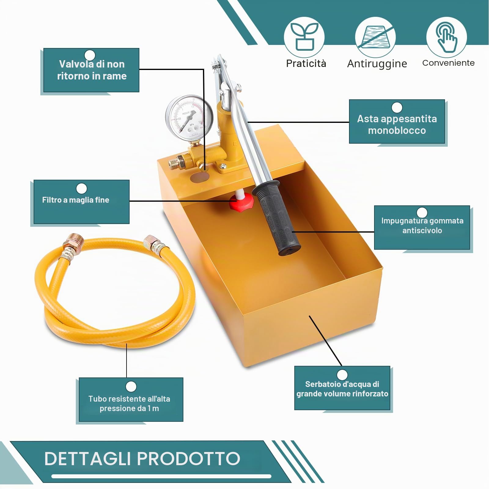 HSEAMALL Pompa di prova pressione dell'acqua, manuale da 1/2", 25 kg, 2,5 Mpa, gialla, fuori terra, alluminio, WATER_PUMP