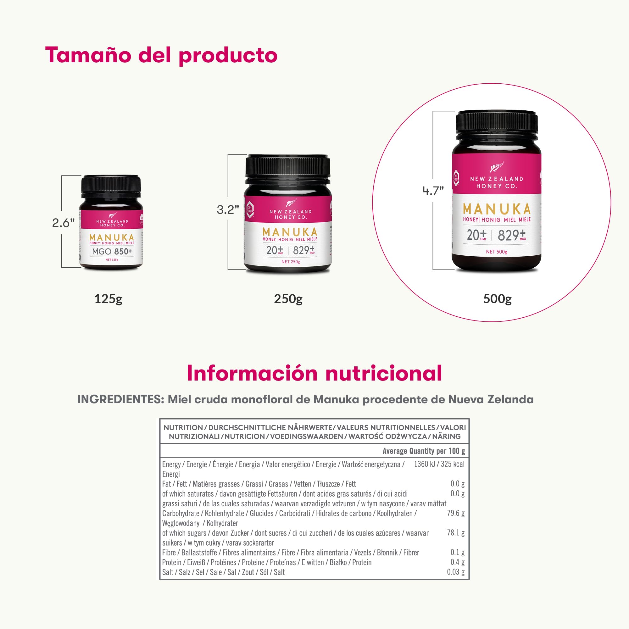 New Zealand Honey Co. Miel de Manuka MGO 829+ / UMF 20+ - 500g Tamaño Familiar - Origen Nueva Zelanda con Enzimas y Pólenes Naturales - Miel Monofloral Certificada UMF