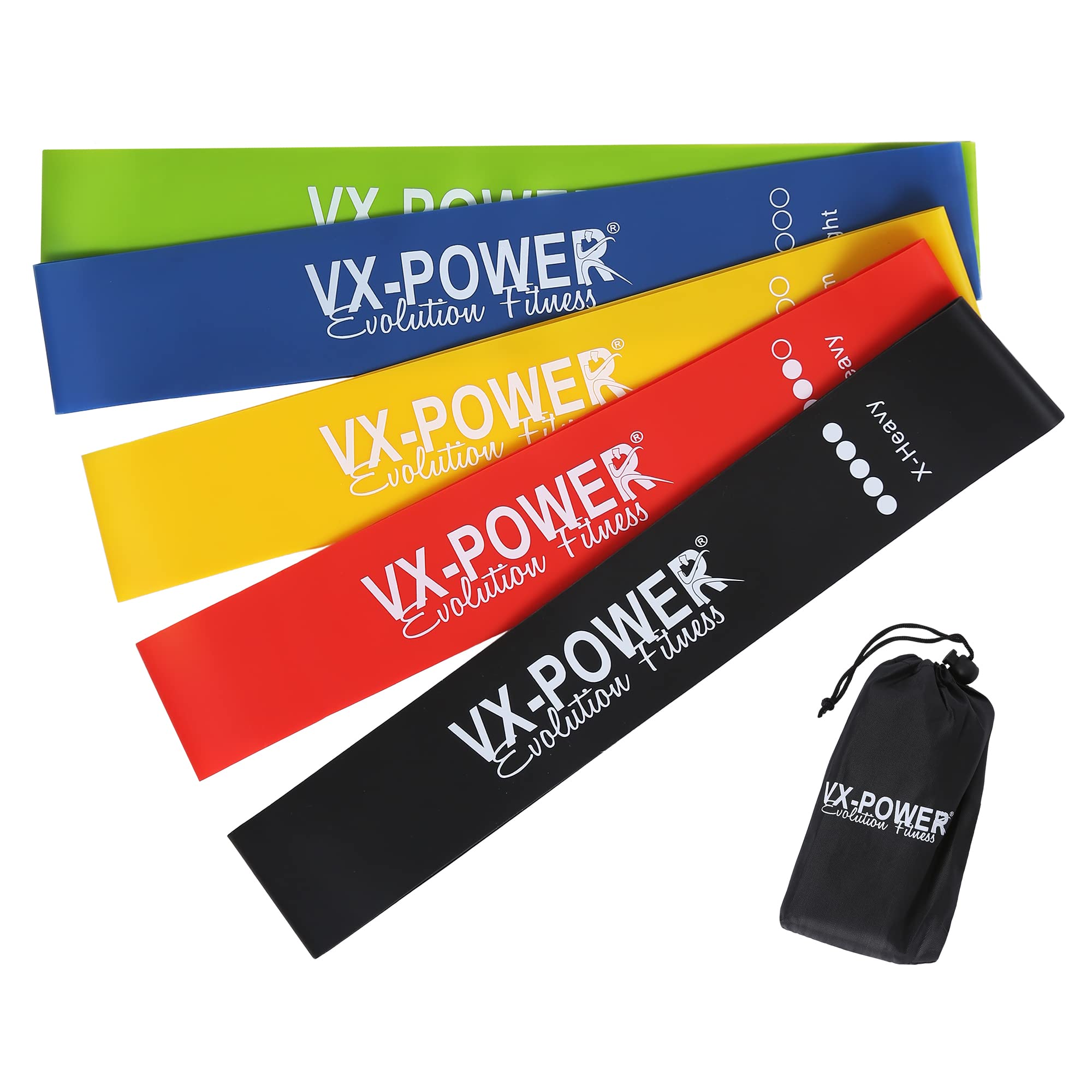 VX-Power - Set di 5 fasce elastiche resistenti in lattice per casa, palestra, all'aperto, yoga e fisioterapia – esercizi per bottino e gambe squat per donne e uomini – borsa per il trasporto gratuita