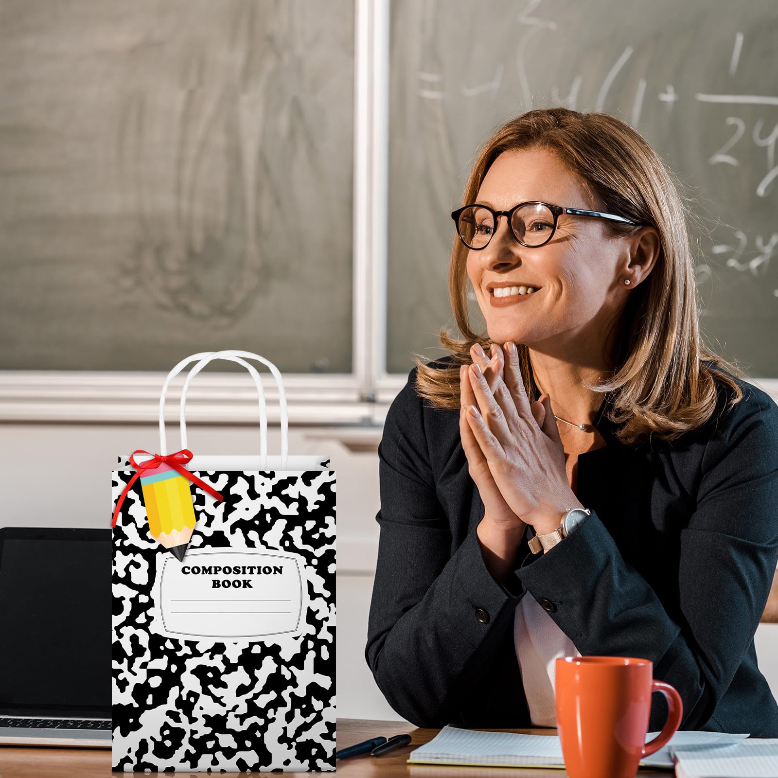 Kolldenn 36 Stück Lehrer-Geschenktüten Komposition Papiertüten mit Griffen, Notizbuch-Linie, Valentinstag, Lehrer, Geschenktüten für Kindergarten, Vorschule, Willkommensrückseite, Partygeschenke
