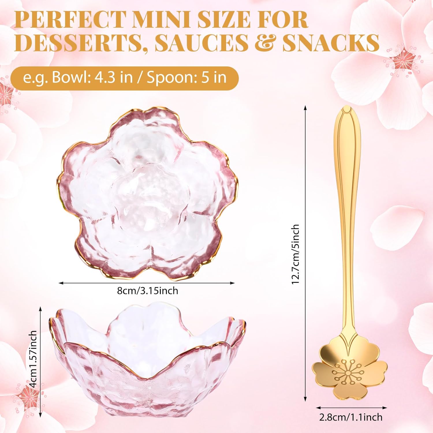 Set of 8 Pink Cherry Blossom Glass Bowls with Flower Spoons, Sakura Sauce Dishes Seasoning Little Bowl Japanese Flower Crystal Glass Appetizer Plates for Dipping Ice Cream(Gold Rim)
