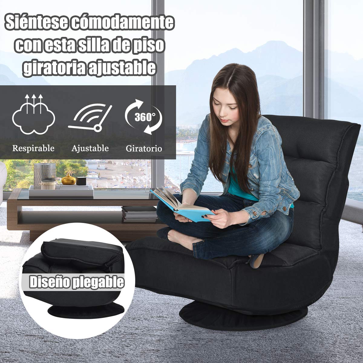 COSTWAY Silla de Suelo con Respaldo Ajustable en 5 Posiciones Silla de Relax Meditación con Base Giratorio 360 ° para Hogar TV (Negro)