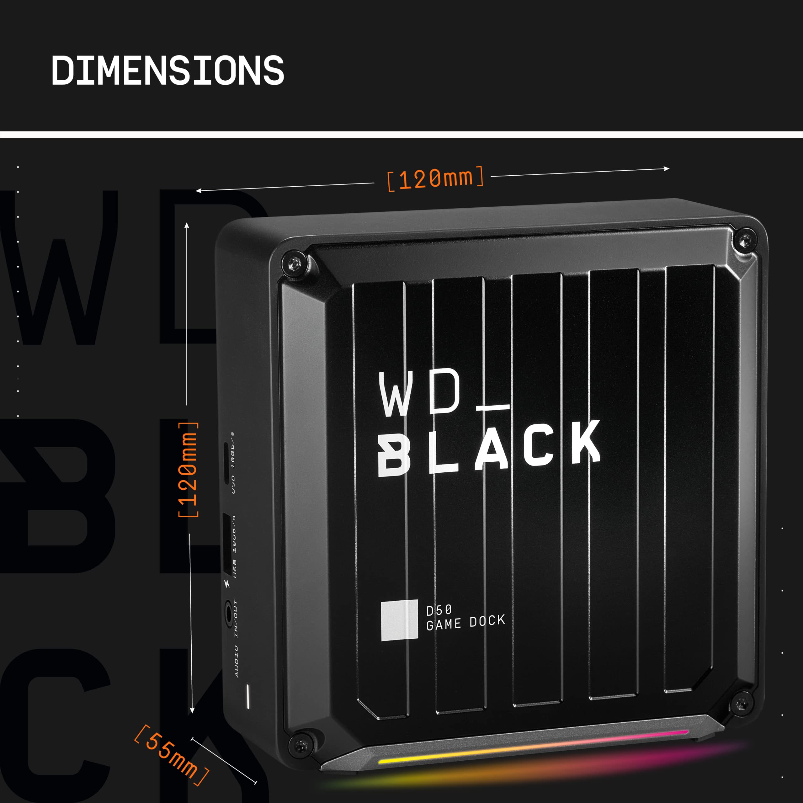 WD_BLACK D50 Game Dock 2 TB (2x Thunderbolt 3 Anschlüsse, DisplayPort 1.4, 2x USB-C, 3x USB-A, Audio Ein/Aus und Gigabit Ethernet anpassbare RGB-Beleuchtung) schwarz
