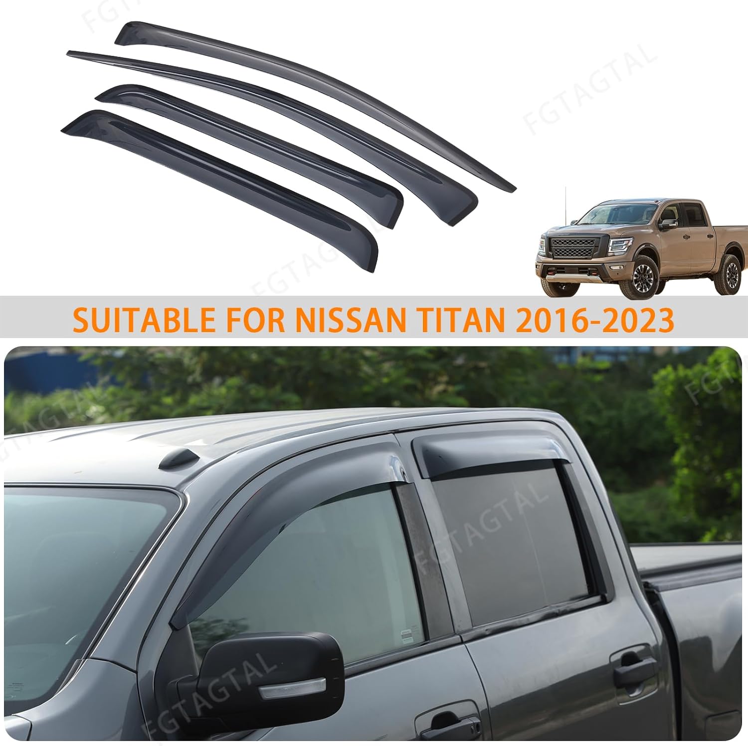 Side Window Deflectors Rain Guards Compatible with Nissan Titan 2016-2023, ABS in-Channel Rain Guards, Rain Guards for Car Windows, 4PCS (Fit for 4 Door Version)