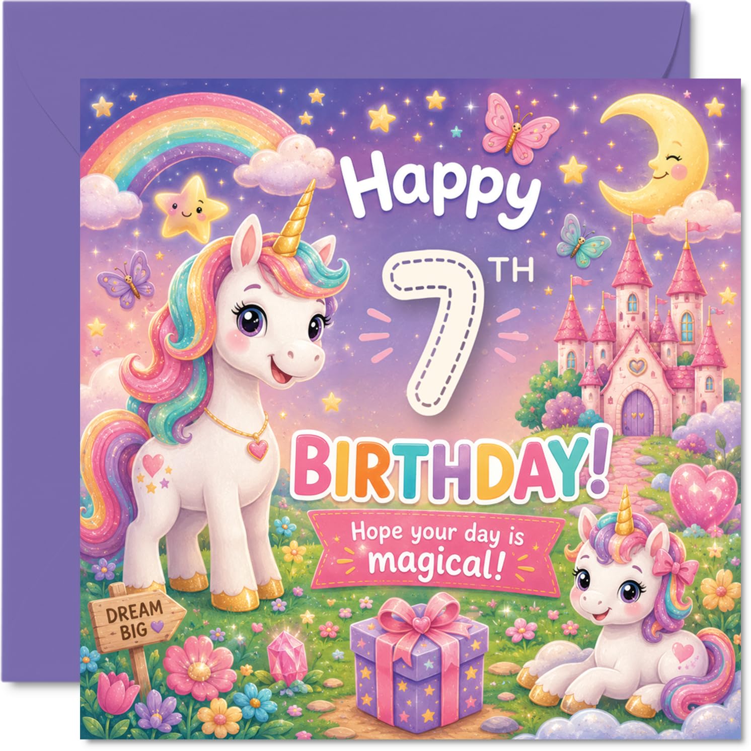 Cute 7th Birthday Card - Whimsical Unicorns and Rainbows - Magical Castle and Pastel Stars with Butterflies - 145mm Square, Envelope Included