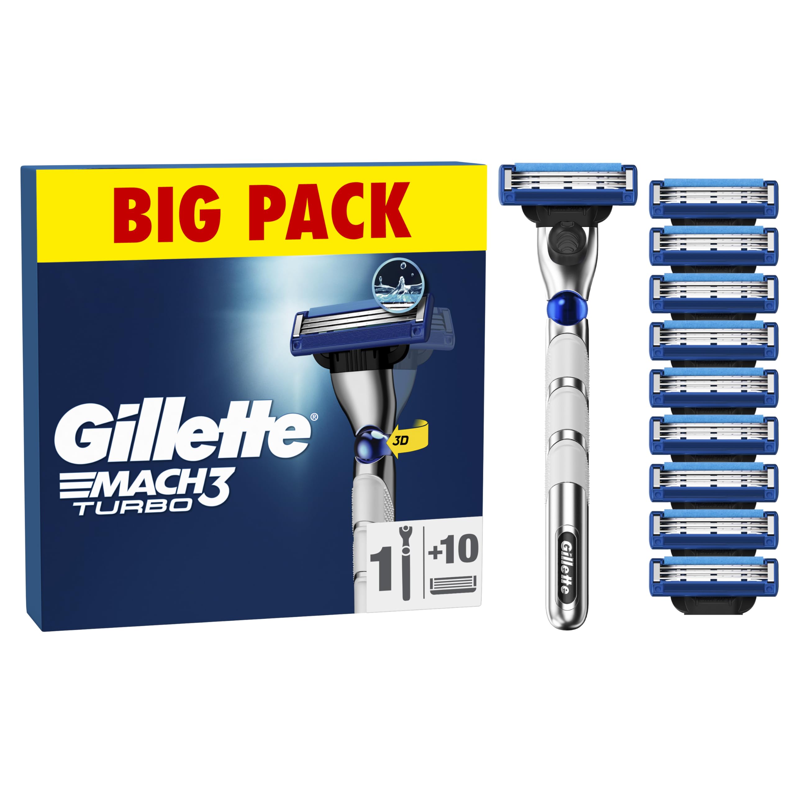 Mach3 Turbo Men's Razor + 9 Razor Blade Refills, 3 Blades for a Smooth Shave, Fits All Mach3 Handles